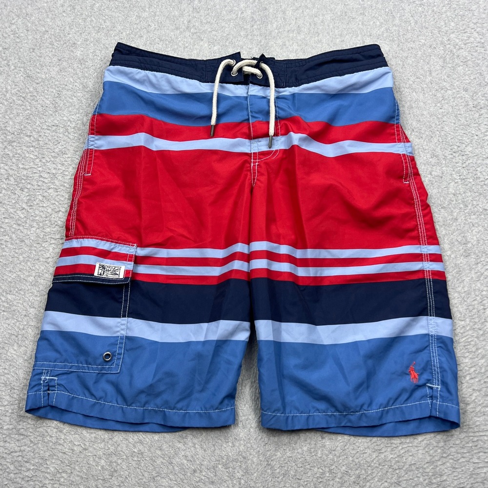 Polo Ralph Lauren Swim Trunks Mens 29* Red Blue Striped Cargo Pocket Pony Logo